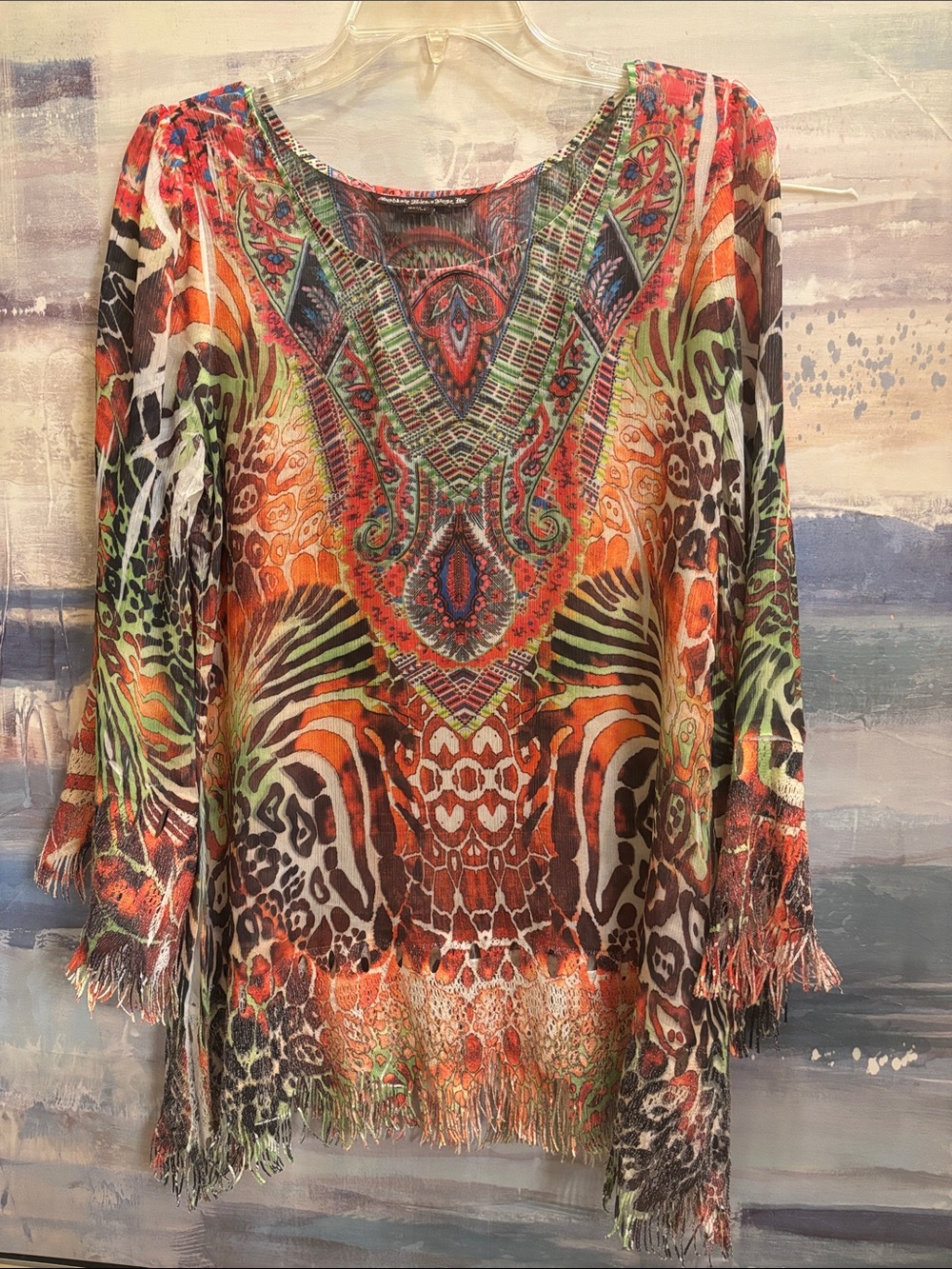 Fringed Boho Tunic Top in Orange Multicolor